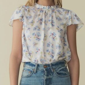 DOEN Yvie Silk Ruffle Short Sleeve High Neck Top Bleu Frolicking Floral